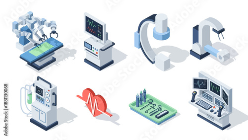 Isometric medical equipment set featuring surgical and diagnostic tools