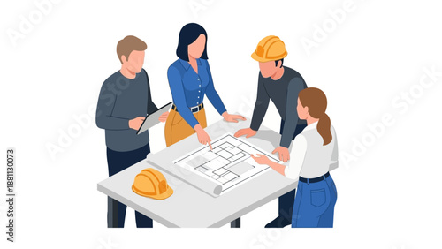 Team collaboration on architectural blueprint in isometric style
