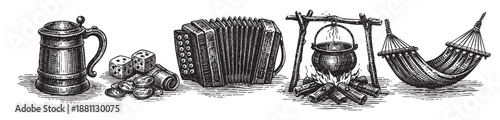 Black and white vector illustration showing a collection of rustic elements, including a beer stein, dice and coins, accordion, cooking pot over a fire, and hammock, perfect for travel themes.