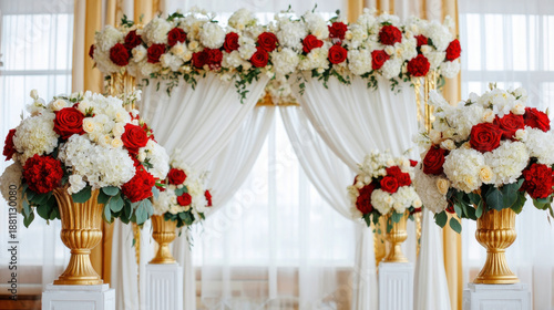 Wedding Floral Arch with Red and White Blooms