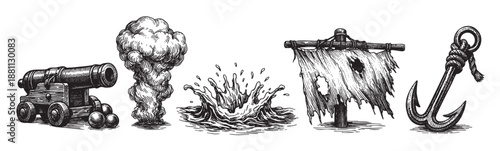 Engraving style illustration of pirate ship elements including a cannon, smoke, water splash, pirate flag, and anchor on a white background.