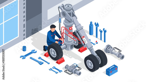 Isometric aircraft maintenance scene with mechanic working on landing gear and tools