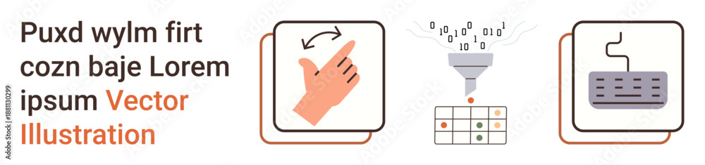 Obraz premium Data processing, automation, coding, human interaction, digital communication, programming. A hand gesture, binary code funnel and keyboard visual. Data processing and automation concept