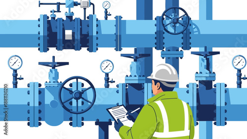 Industrial worker inspecting valves and pipes with pressure gauges in modern facility