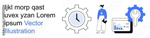 Business workflow, productivity planning, time management, analytics, operations, teamwork. A clock, gear symbol and a professional with a tablet. Time management and business workflow