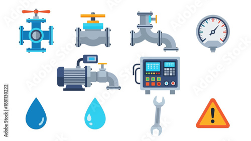 Industrial equipment set: valves, gauges, and tools in flat design