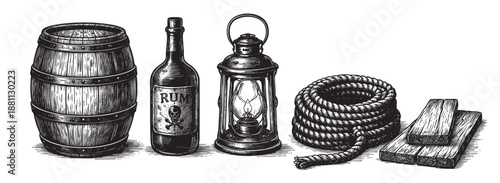 Black and white illustration featuring a barrel, rum bottle, lantern, coiled rope, and wooden planks in a nautical setting with a vintage feel.