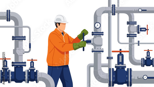 Industrial worker adjusting valves in modern facility with complex piping system