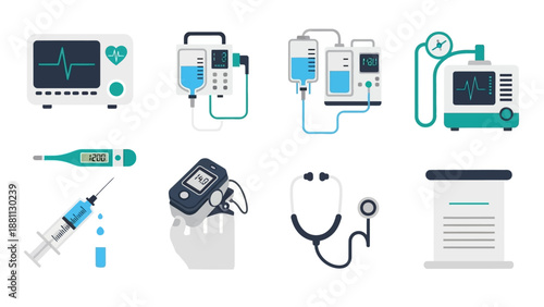 Medical equipment set: ecg, iv drip, infusion pump, thermometer, pulse oximeter, syringe, stethoscope