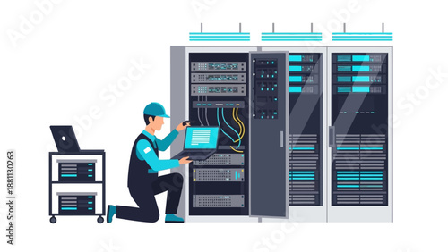 Data center technician managing server equipment in modern facility