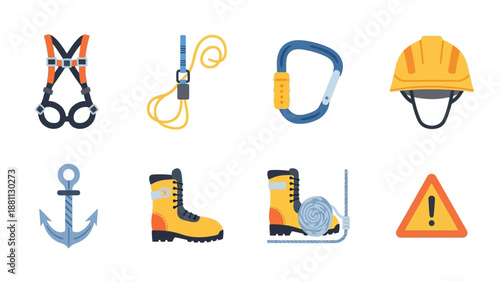 Safety equipment icons for construction and climbing: harness, helmet, boots, and more