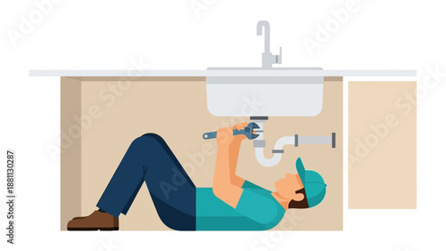 Plumber fixing kitchen sink pipe in minimalist style