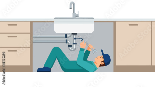 Flat style plumber fixing pipes under kitchen sink