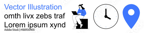 Time management, navigation, remote work, technology, online learning, productivity. Woman working on laptop beside clock and location symbol. Time management and navigation concept