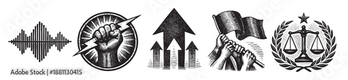 An illustration shows various political symbols including a voice waveform, a fist holding a lightning bolt, upward arrows, hand waving a flag, and scales of justice.