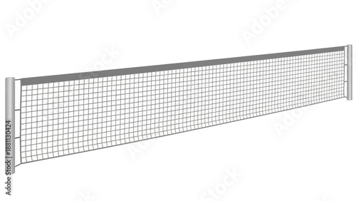 Realistic tennis net on white background with grid detail and metal posts