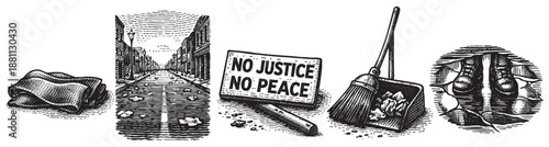 A striking black and white vector illustration depicting the aftermath of a protest, featuring debris, a "No Justice No Peace" sign, and a broom cleaning up.