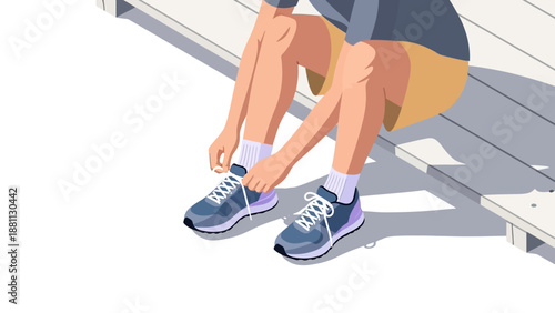 Person tying shoe laces on bench in minimalist art style
