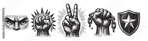 Black and white engraving style illustration of diverse symbols: watchful eyes, a fist with spikes, a peace sign, a chained fist, and a star shield. Use for edgy designs and strong messages.