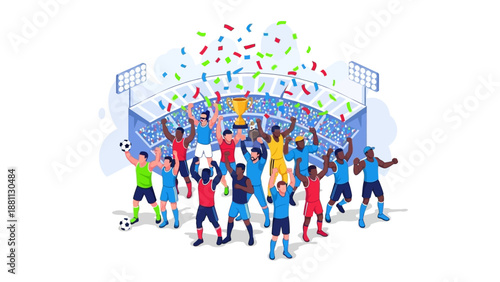 Diverse team celebrating victory with trophy at stadium with fans and confetti