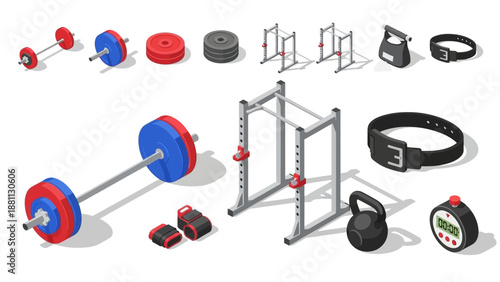 Isometric gym equipment collection with weights and fitness accessories
