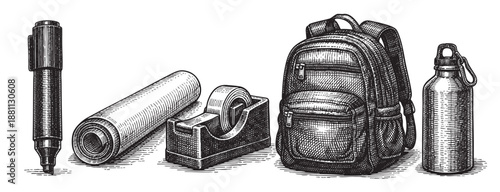Engraved style illustration of school supplies including a pen, tape, backpack, and water bottle on a white background, ideal for education or creative concepts.