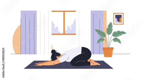 Peaceful indoor yoga practice with relaxing child pose in modern minimalist setting