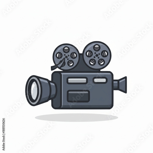 Isolated vintage movie camera with film reels in cartoon style