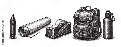 A black and white illustration of marker, paper roll, tape dispenser, backpack, and bottle arranged on a white background in a vintage engraved style.