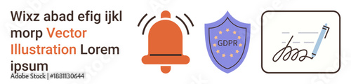 Data privacy, security, compliance, notification, digital signature, information protection. Bell icon, GDPR shield and pen signature. Data privacy and security illustrated with clear symbols