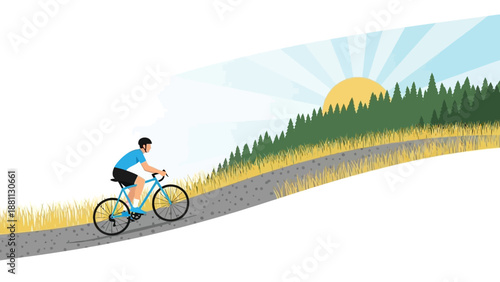 Cyclist on a scenic sunrise pathway with forest and sun rays
