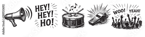 Graphic set of black and white hand-drawn celebration elements including megaphone, crowd, drum, whistle, ideal for event promotions, sports themes, and party invites.
