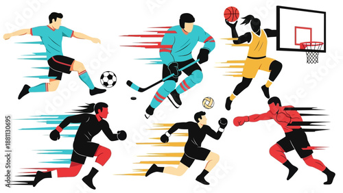 Dynamic sports action: soccer, ice hockey, basketball, volleyball, boxing