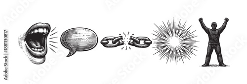 Symbolic drawing showing open mouth and speech bubble leading to broken chains and a burst of light, culminating in a celebratory figure, conveying themes of freedom, expression, and empowerment.