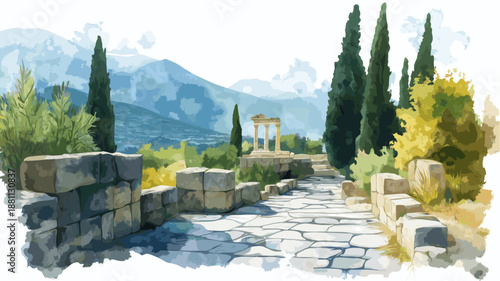 Delphi Archaeological Site. Delphi Archaeological Site watercolor vector illustration