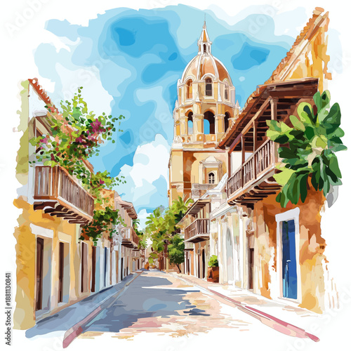 Cartagena Old Town. Cartagena Old Town hand drawn watercolor illustration