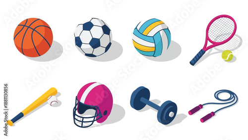 Isometric sports equipment set including volleyball, basketball, and tennis gear