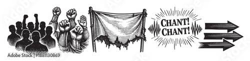A black and white engraving shows a crowd raising fists in protest, accompanied by a flag, "Chant!" graphic, and directional arrows, suggesting a movement or demonstration.
