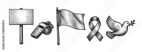 Vector illustration of various symbols including a blank sign, whistle, white flag, ribbon, and dove with olive branch, isolated on white. Useful for peace and awareness messages.