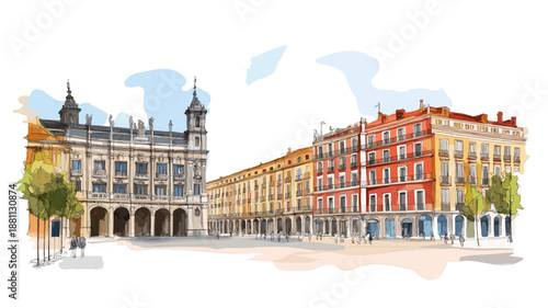 Plaza Mayor in Madrid. Plaza Mayor in Madrid watercolor vector illustration