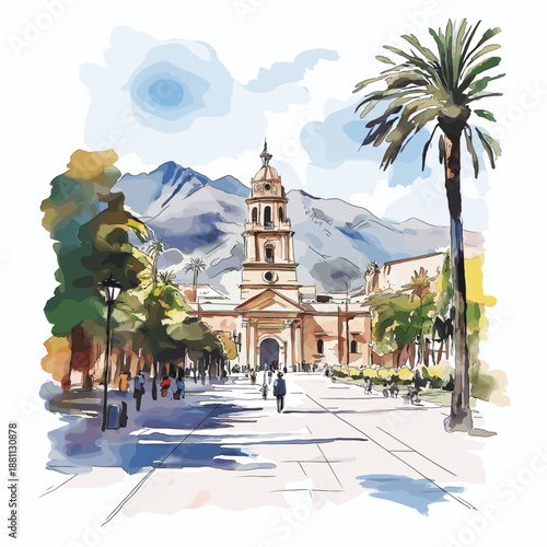 Santiago ? Cerro San Cristobal & Plaza de Armas. Santiago ? Cerro San Cristobal & Plaza de Armas hand drawn watercolor illustration