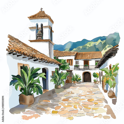 Villa de Leyva. Villa de Leyva hand drawn watercolor illustration