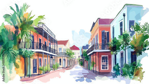 The French Quarter. The French Quarter hand drawn watercolor illustration