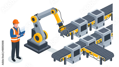 Factory automation with engineer overseeing robotic conveyor system