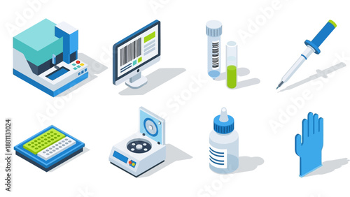 Isometric laboratory equipment set with modern flat design elements for research and science