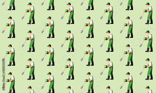 Gardening Seamless Pattern with Gardener Watering Plants Using Shovel, Garden Care Concept for Landscapers and horticulturists