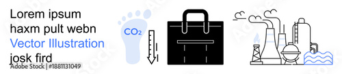 Environmental awareness, carbon tracking, industry impacts, sustainability, climate change, ecological footprint. Icons of carbon footprint, briefcase industrial plants emitting gases. Environmental