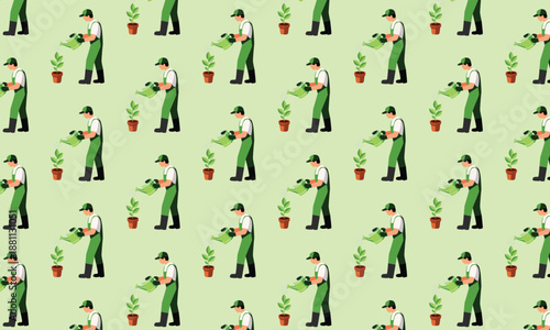 Gardening Seamless Pattern with Gardener Watering Potted Plant on Green Background, Garden Care Concept for Landscapers and horticulturists
