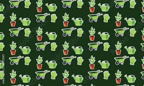 Gardening Seamless Pattern with Garden Tools and Plants, Wheelbarrow, Gloves and Watering Can for Landscapers and horticulturists