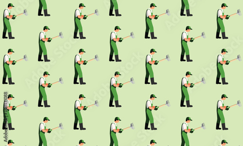 Gardening Seamless Pattern with Gardener Holding Rake on Green Background, Garden Work Illustration for Landscapers and horticulturists